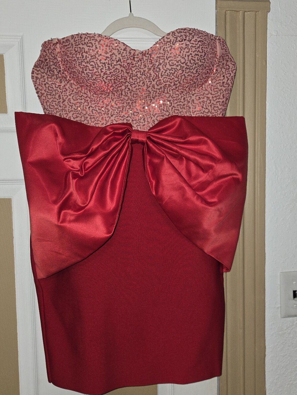 Strapless Red Sequin & Satin Bow Cocktail Dress